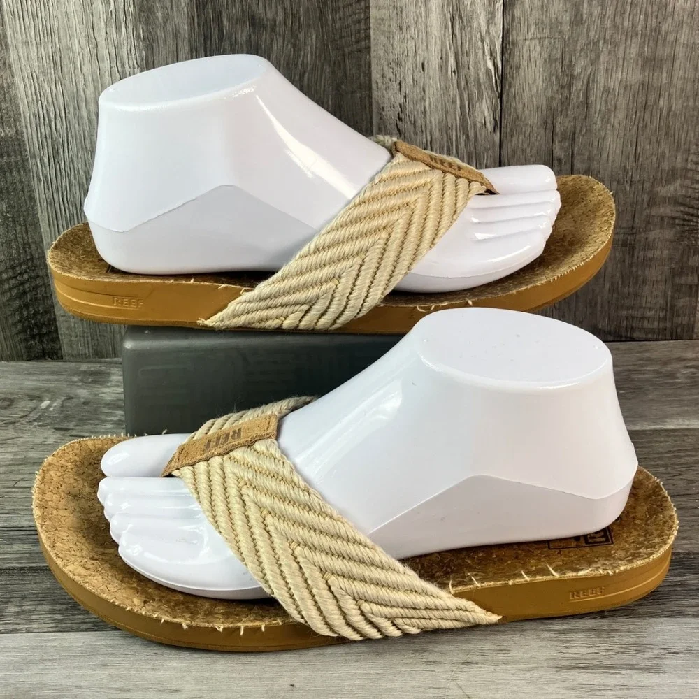 Reef Ortho-Spring Cream Woven Rope Cork Footbed Flip Flop Sandals Womens 9